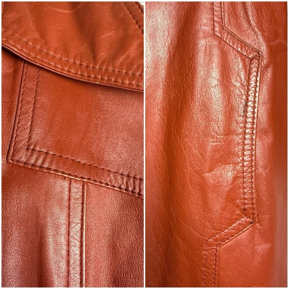 Vintage 70s Rust Brown Orange Leather Full Length Trench Coat Made Korea SMALL - Picture 8 of 16